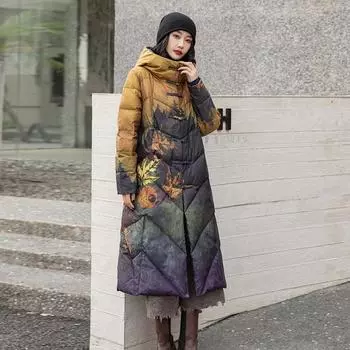 Пуховик женский новый цветной принт средний и длинный белый утиный пух с капюшоном в китайском стиле ретро с пряжкой куртка прилив M