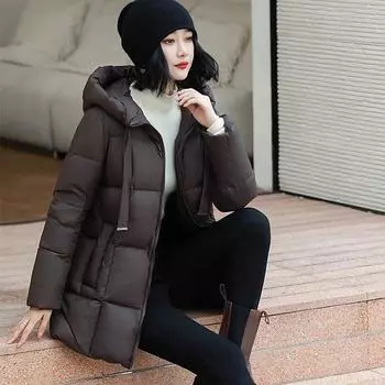 Пуховик женский новый длинный 90% белый утиный пух с капюшоном утолщенный корейский вариант большой размер повседневный теплый иностранный стиль топ женский S (90-52.5 kg) чёрный