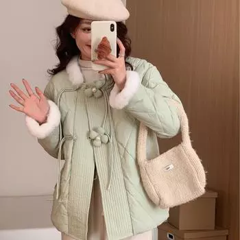 Пуховик женский новый китайский стиль национальный стиль короткая пряжка сладкий маленький ароматный белый утиный пух воротник из меха кролика теплая меховая куртка S (recommended weight 90-60kg)