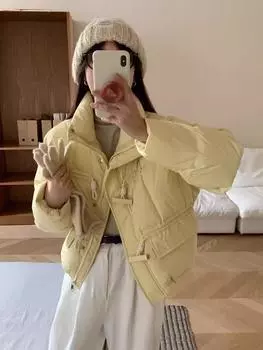 Пуховик женский новый конфетного цвета квадратная деревянная пряжка маленькая короткая куртка хлеб свободная утолщенная куртка average size, recommended within 70 kg