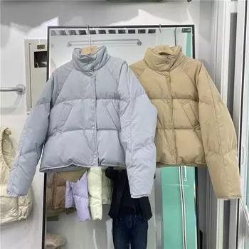 Пуховик женский новый маленький дизайн сенс белый утиный пуховый хлеб куртка молочно-голубой короткий жакет S (80-60kg can wear)