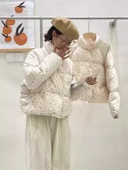 Пуховик женский новый сладкий уменьшающий возраст маленький цветочный короткий хлеб куртка свободный и тонкий утолщенный пальто S recommends within 60 kg