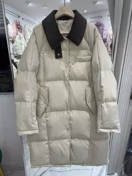 Пуховик женский, новый, сращивающийся, вельветовый, с лацканами, утолщенный, белый, зимнее пальто на утином пуху S (80-120-catties can be worn)