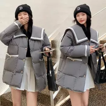 Пуховик женский новый средний и длинный белый утиный пух с лацканами темно-синяя версия куртка Xiaoxiangfeng свободная женская куртка S recommends 85-55kg серый