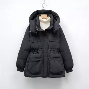 Пуховик женский новый зимний белый утиный пух с капюшоном на талии утолщенный тонкий и модный теплый снаружи S бежевый