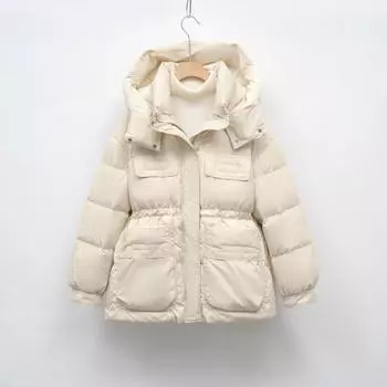Пуховик женский новый зимний белый утиный пух с капюшоном на талии утолщенный тонкий и модный теплый снаружи S белый