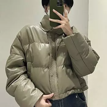 Пуховик женский новый зимний несмываемый из искусственной кожи короткий утолщенный свободный воротник стойка куртка хлеб куртка маленькая куртка Kendou S (recommended 90-60kg) чёрный