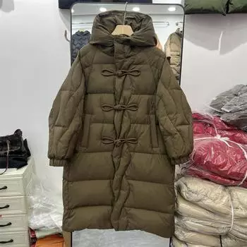 Пуховик женский однотонный с пуговицами длиной до колена, зимняя новая свободная куртка большого размера с капюшоном, теплая утолщенная куртка 2024 года M красный