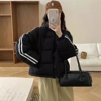Пуховик женский пальто мода американская уличная одежда полосатый стиль утиный пух перо женская зимняя короткая верхняя одежда хлопковая куртка S чёрный