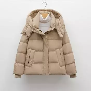 Пуховик женский простой однотонный с капюшоном из белого утиного пуха, новый национальный стандарт M бежевый