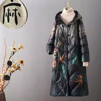 Пуховик женский ретро средней и длинной длины с принтом на коленях и дисковой пряжкой 2024 зимняя одежда куртка с капюшоном трендовая одежда для людей среднего и пожилого возраста M оранжевый