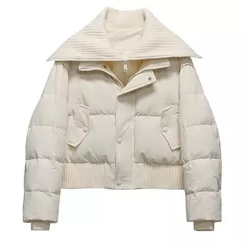 Пуховик женский с большим лацканом 2024 года, зимняя свободная короткая утолщенная теплая популярная повседневная белая пуховая куртка S чёрный