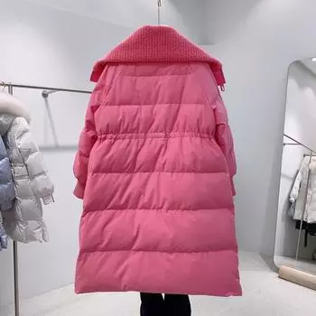 Пуховик женский с большим лацканом, средний и длинный, осень-зима 2024, новая мода в иностранном стиле, выше колена, белая куртка на талии с утиным пухом, прилив One Size роза розовый