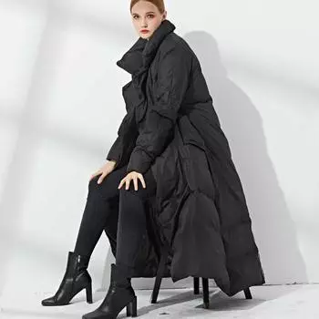 Пуховик женский с лацканами, длинный плащ, европейская и американская мода, зимняя утолщенная, большого размера, свободная, накидка, белая, на пуху S чёрный
