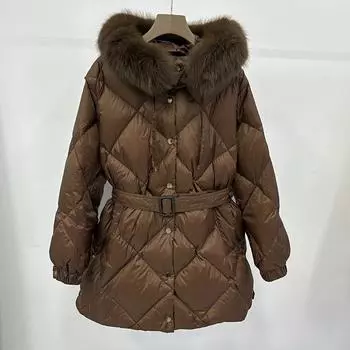 пуховик женский с меховым воротником средней и длинной формы в виде ромбовидной сетки закрывает талию и выглядит стройнее, а белый утиный пуховик в тренде. S does not support returns чёрный