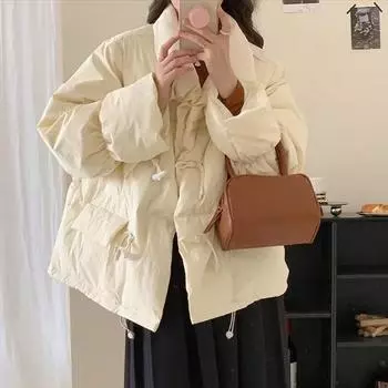 Пуховик женский с роговой пряжкой и воротником-стойкой, карамельного цвета, теплое симпатичное пальто S size 90-60kg