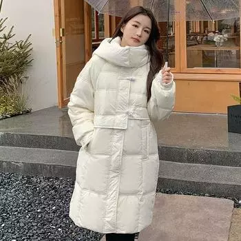 Пуховик женский с угловой пряжкой, длинный выше колена, 2024, зима, новый, с капюшоном, утолщенный белый утиный пух, теплая куртка, большой размер S