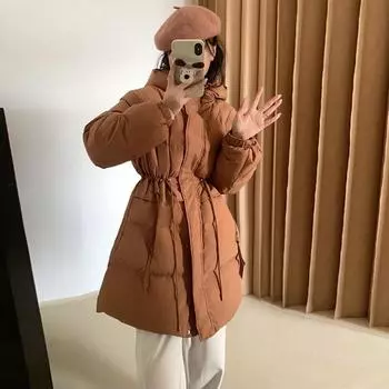 Пуховик женский средней длины 2024 зимняя мода с капюшоном тонкий теплый белый утиный пух маленькая куртка прилив S темно-коричневого