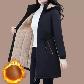 Пуховик женский средней длины с толстой бархатной подкладкой зимняя куртка для среднего возраста с подкладкой 4XL чёрный