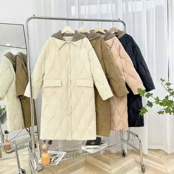 Пуховик женский средней длины вязаный с капюшоном модная зимняя куртка S