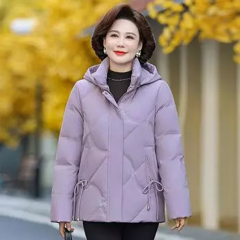 Пуховик женский средней длины зимний новый белый утиный пух утолщенный свободный куртка для мам среднего и пожилого возраста XL