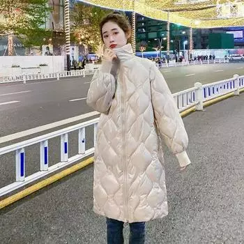 Пуховик женский средней и длинной длины 2024 года с воротником-стойкой, зимняя новая корейская версия, глянцевая стеганая куртка с наколенником, зимняя одежда S 80-55 kg чёрный