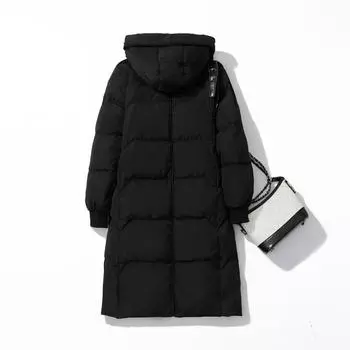 Пуховик женский средней и длинной длины 2024 осень-зима корейская версия темперамент белый утиный пух приталенный крой утолщенная куртка с капюшоном куртка S 80-60 kg чёрный