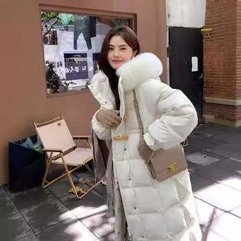 Пуховик женский средней и длинной длины 2024 года, новый модный и милый, с капюшоном, утолщенный белый утиный пух, большой меховой воротник, теплое пальто XS size is suitable for 90 to 57.5 kg