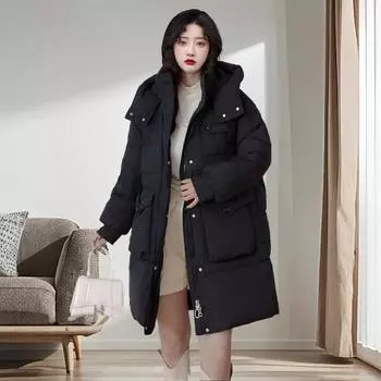 Пуховик женский средней и длинной длины, женская зимняя одежда высокого класса, корейская версия гусиного пуха, модная куртка с капюшоном, пальто большого размера S (recommended within 55kg)