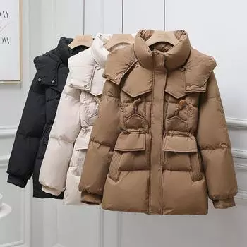 Пуховик женский средней и длинной длины зима 2024 новый съемный головной убор маленький мужской утолщенный универсальный белый утиный пуховик M