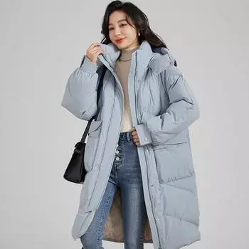 Пуховик женский средней и длинной длины зима 2024 новый облегающий повседневный модный теплый пиджак S size 90-60kg синий