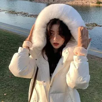 Пуховик женский средней и длинной длины зима 2024 новый модный иностранный стиль выше колена белый утиный пух утолщенный большой меховой воротник куртка XS size is suitable for 85 to 55 kg