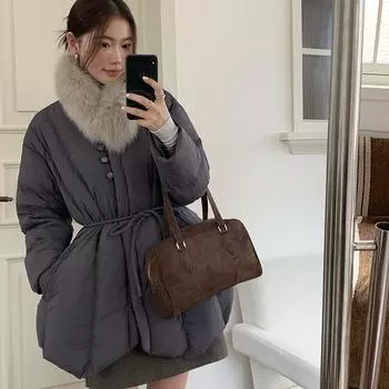 Пуховик женский средней и длинной талии юбка лисий мех белый утиный пух тонкое утолщенное пальто average size 90-75kg бежевый