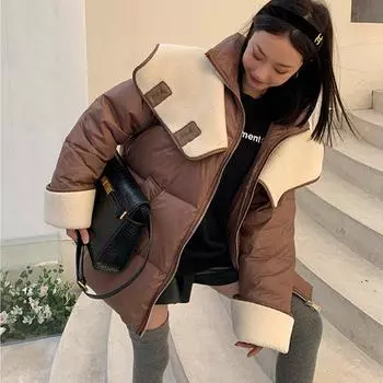 Пуховик женский средней и длинной толщины из утолщенной и тонкой овечьей шерсти сращивание куртка S size 90-60kg светло-коричневого