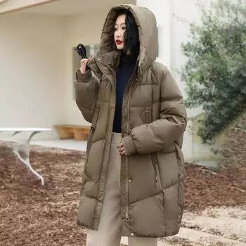 Пуховик женский средний и длинный 2024 мода корейская версия свободная и утолщенная зимняя теплая куртка с капюшоном прилив M чёрный