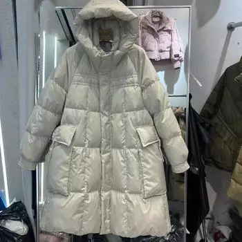 Пуховик женский средний и длинный 2024 новая мода с капюшоном свободный белый утиный пух утолщенный зимняя теплая куртка M