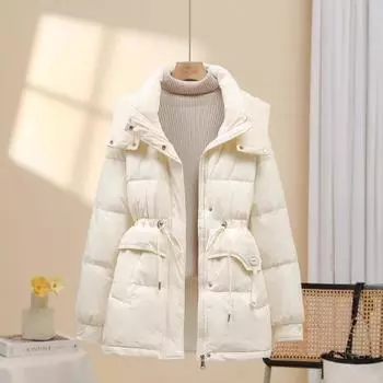 Пуховик женский средний и длинный 2024 новый модный высококачественный свободный пояс маленький белый утиный пух зима XS recommends within 62.5kg легкие хаки