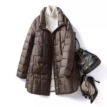 Пуховик женский средний и длинный 2024 новый свободный клееный белый утиный пух маленький легкий воротник стойка зимнее пальто S