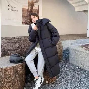 Пуховик женский средний и длинный 2024 новый зимний утолщенный теплый корейский вариант свободный с капюшоном женский пиджак S recommends 85-60kg чёрный