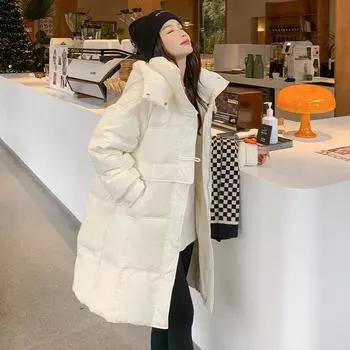 Пуховик женский средний и длинный 2024 зима новый с капюшоном корейская версия мода утолщенный теплый свободный жакет хлеб S