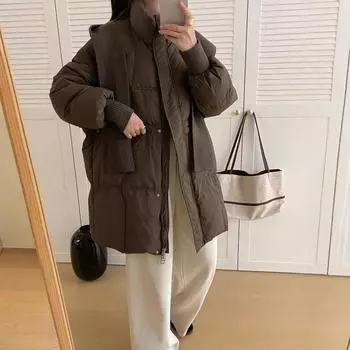 Пуховик женский средний и длинный 2024 зима свободный теплый шарф высококачественная утолщенная женская куртка average size (90~ 75kg)
