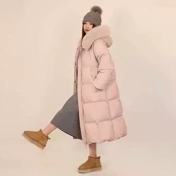 Пуховик женский средний и длинный 2024 зима новая корейская версия мода свободный выше колена утолщенный капюшон большой меховой воротник куртка S size is suitable for 90 to 60 kg