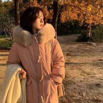 Пуховик женский средний и длинный 2024 зима новый модный иностранный стиль дизайн чувство белый утиный пух большой меховой воротник утолщенное пальто XS size is suitable for 85 to 52.5kg