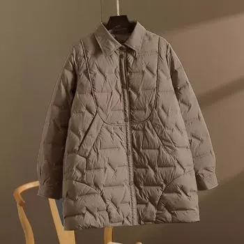 Пуховик женский средний и длинный белый утиный пух свободный и тонкий воротник рубашка светлый 2024 новый ромбовидный пиджак M