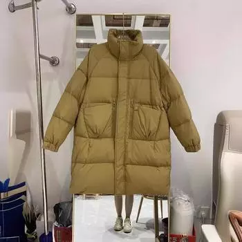 Пуховик женский средний и длинный белый утиный пух 2024 зима новый воротник стойка простой модный свободный жакет корейское пальто M чёрный