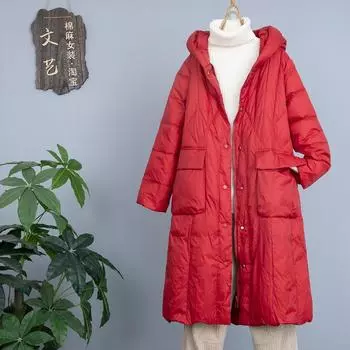 Пуховик женский средний и длинный корейский вариант утолщенный с капюшоном 2024 новый свободный диагональный белый утиный пуховик зимний M чёрный