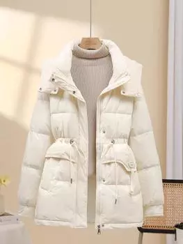 Пуховик женский средний и длинный новый модный свободная талия маленький белый утиный пух зима XS recommends within 62.5kg легкие хаки