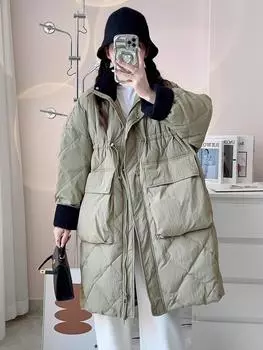 Пуховик женский средний и длинный с большим карманом и воротником-стойкой из белого утиного пуха, зимнее новое контрастное пальто прилив One size, recommended within 75kg чёрный