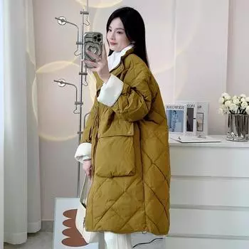 Пуховик женский средний и длинный с большим карманом и воротником-стойкой из белого утиного пуха 2024 года, зимнее новое контрастное пальто прилив One size, recommended within 75kg чёрный