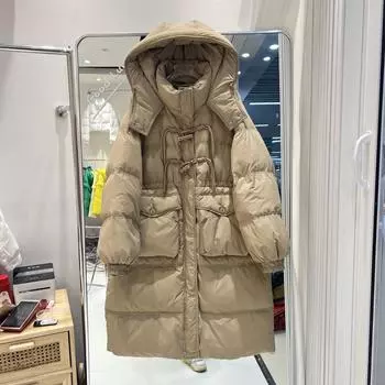 Пуховик женский средний и длинный с капюшоном утолщенный свободный зима 2024 новый студенческий белый пуховик до колена прилив S 90-62.5 kg белый